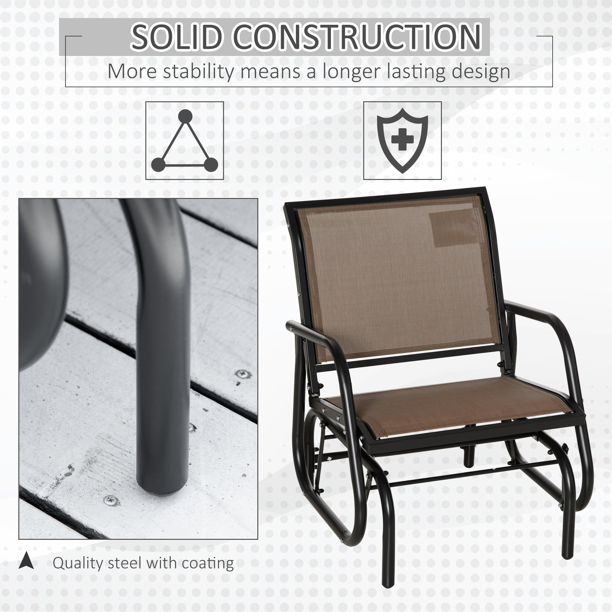 Outsunny Breezy Glider: Steel Frame Outdoor Swing Chair with Breathable Mesh Seat, Backrest, and Curved Rocking Arms, Brown 