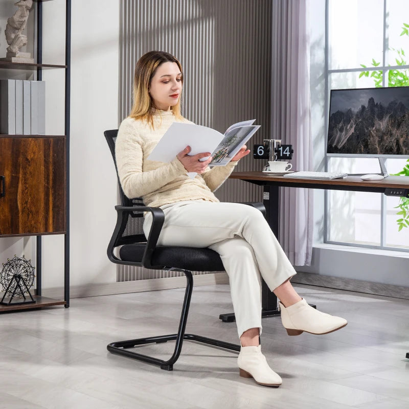 Ergonomic Desk Chair No Wheels, Padded Mesh Office Reception Chair with Sled Base, Black
