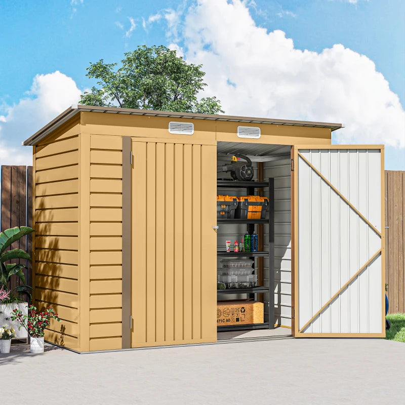 8 x 4FT Galvanized Garden Storage Shed, Metal Outdoor Shed with Double Doors and 2 Vents, Yellow
