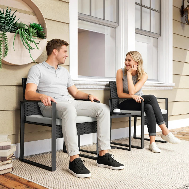 Outdoor Bistro Set, 3 Piece Wicker Patio Furniture Set with Glass Top Table and Cushions for Porch, Balcony, Cream White