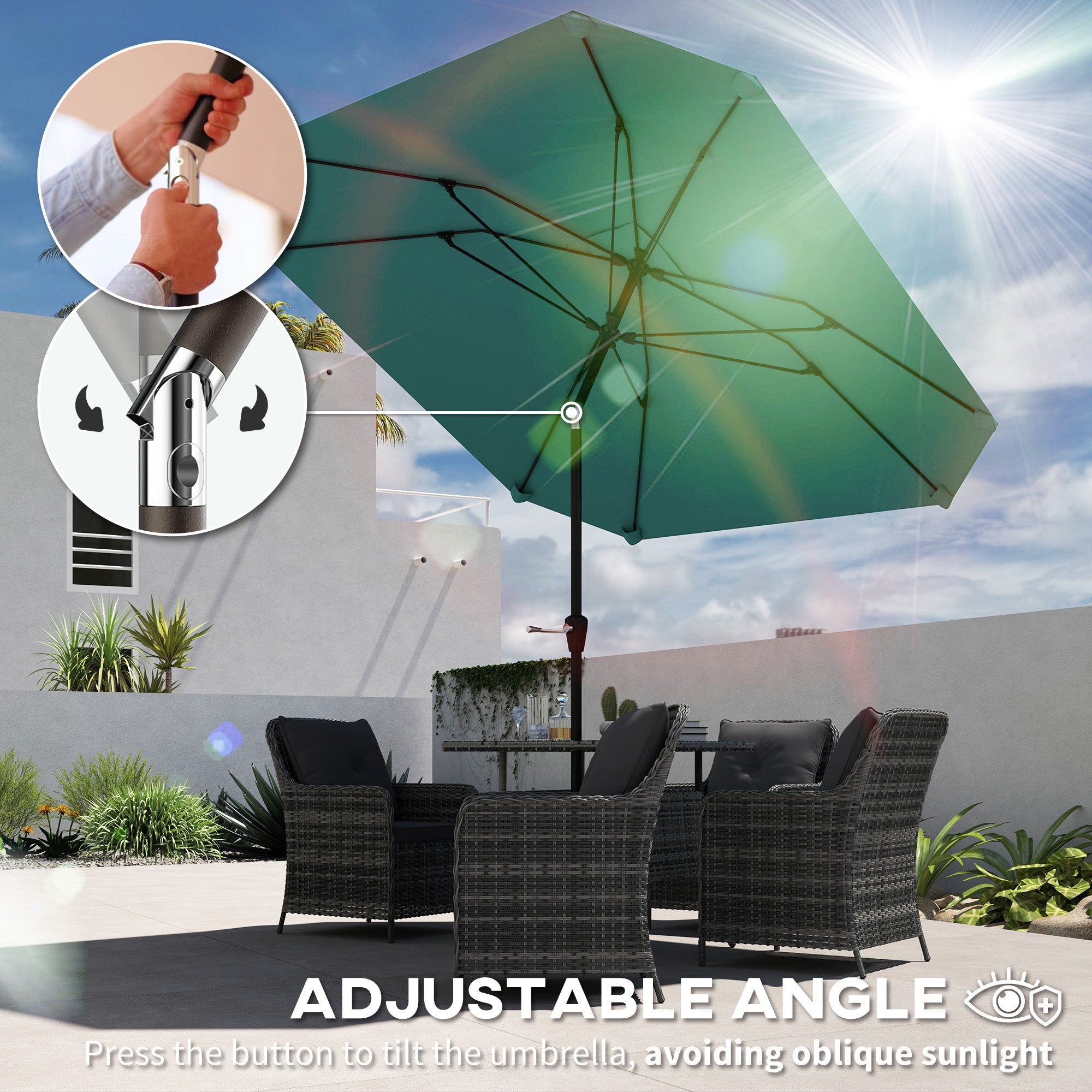 Outsunny 7.6FT Aluminum Patio Umbrella Parasol 8 Ribs Outdoor Market Umbrella with Crank, Push Button Tilt for Deck, Backyard and Lawn, Sky Blue 