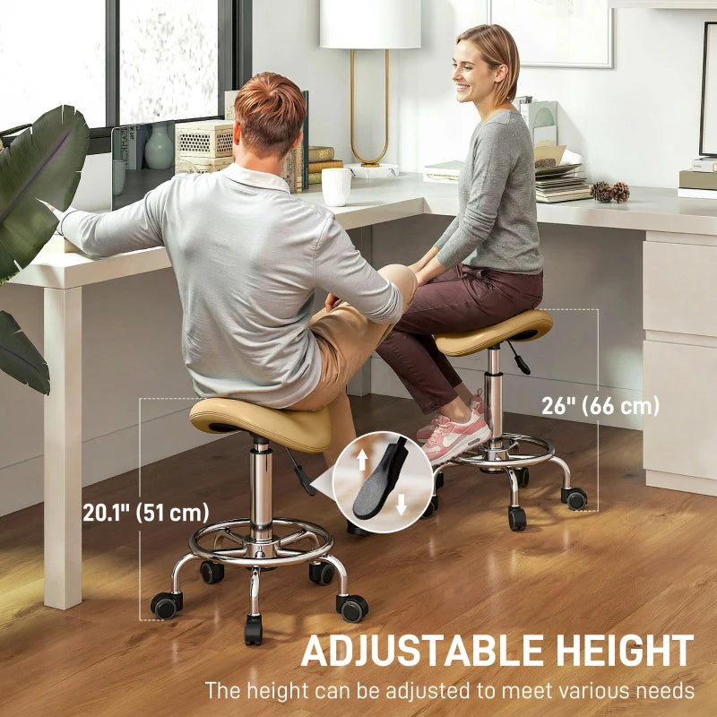 Saddle Stool, PU Leather Adjustable Rolling Salon Chair, Light Brown
