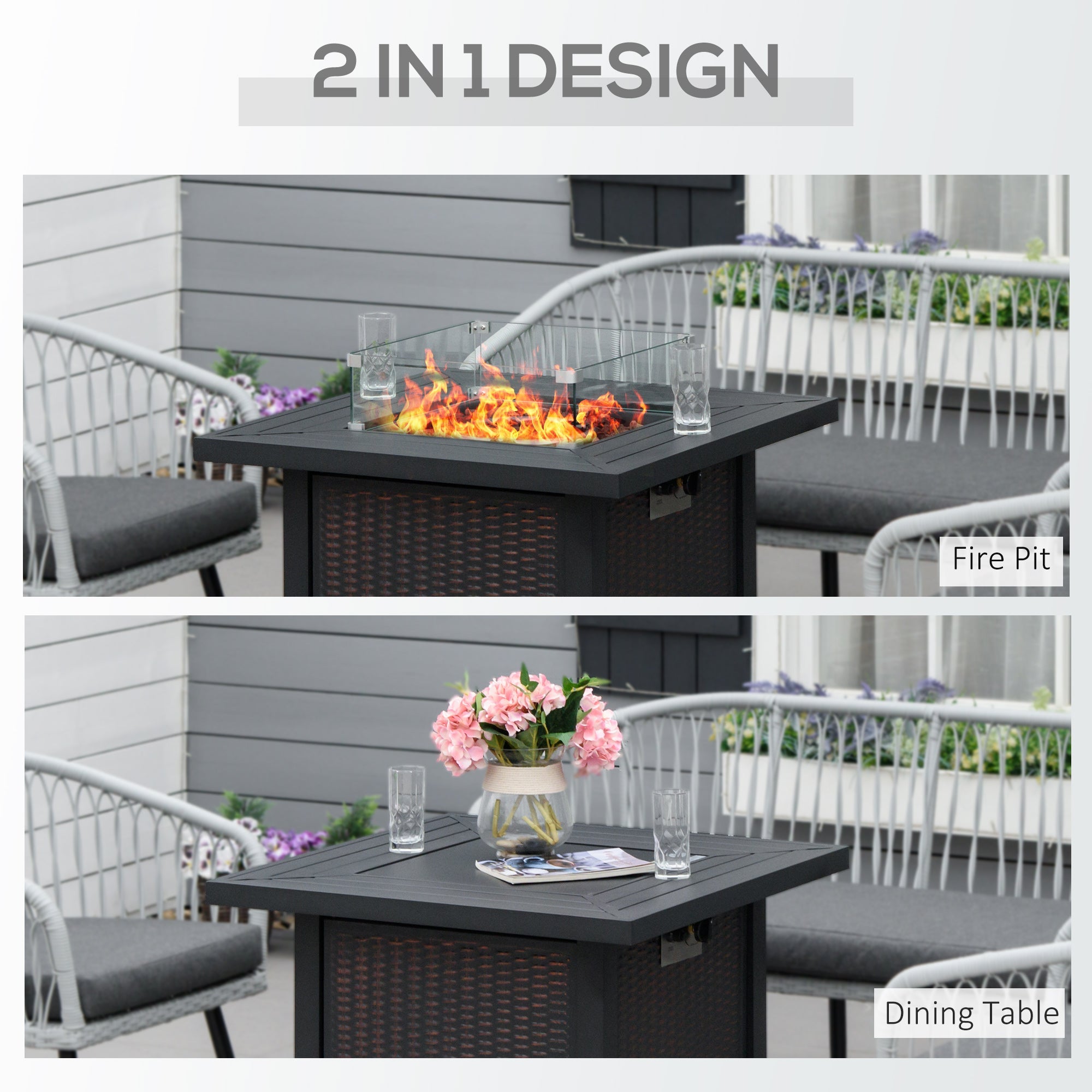 Outsunny 32" Propane Gas Fire Pit Table, 50,000 BTU, CSA Certified, with Wind Guard and Lid, Square Patio Heater - Black 