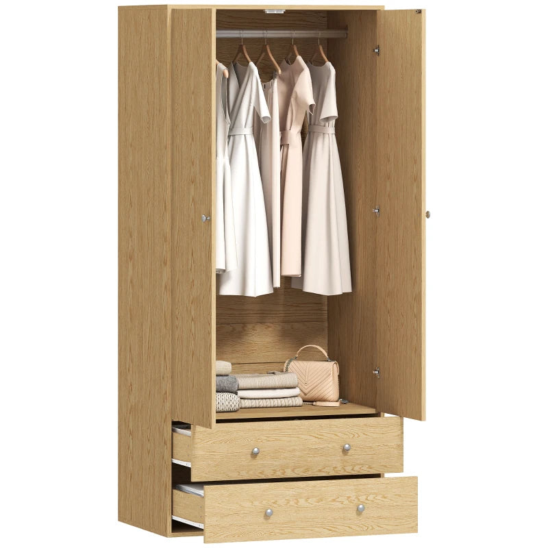 Modern Wardrobe Closet Armoire with 2 Drawers and Hanging Rod, Clothes Storage Organizer for Bedroom, Natural Wood