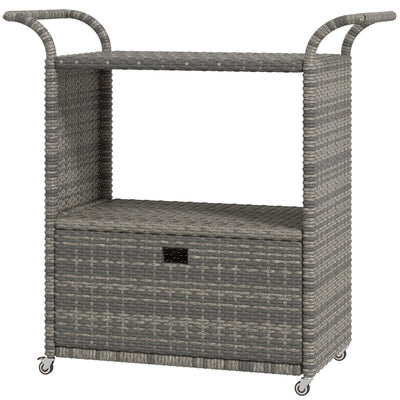 Outsunny Patio PE Wicker Garden Serving Cart 2-Tier Shelf Wheeled Rattan Food Cart with Handles for Poolside Grey 