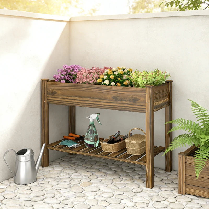 Elevated Planter Box w/ Legs and Storage Shelf, Raised Garden Bed, Elevated Wooden Planter Box, Carbonized