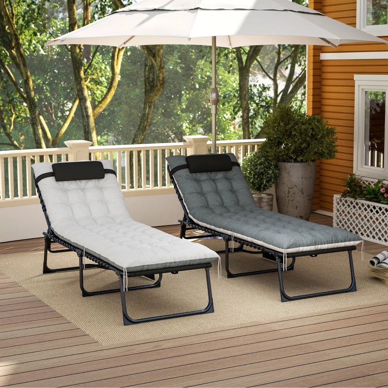 Outdoor Lounge Chair Set of 2, Folding Chaise Lounge Tanning Chair with Cushion, Side Pocket, Black/Grey