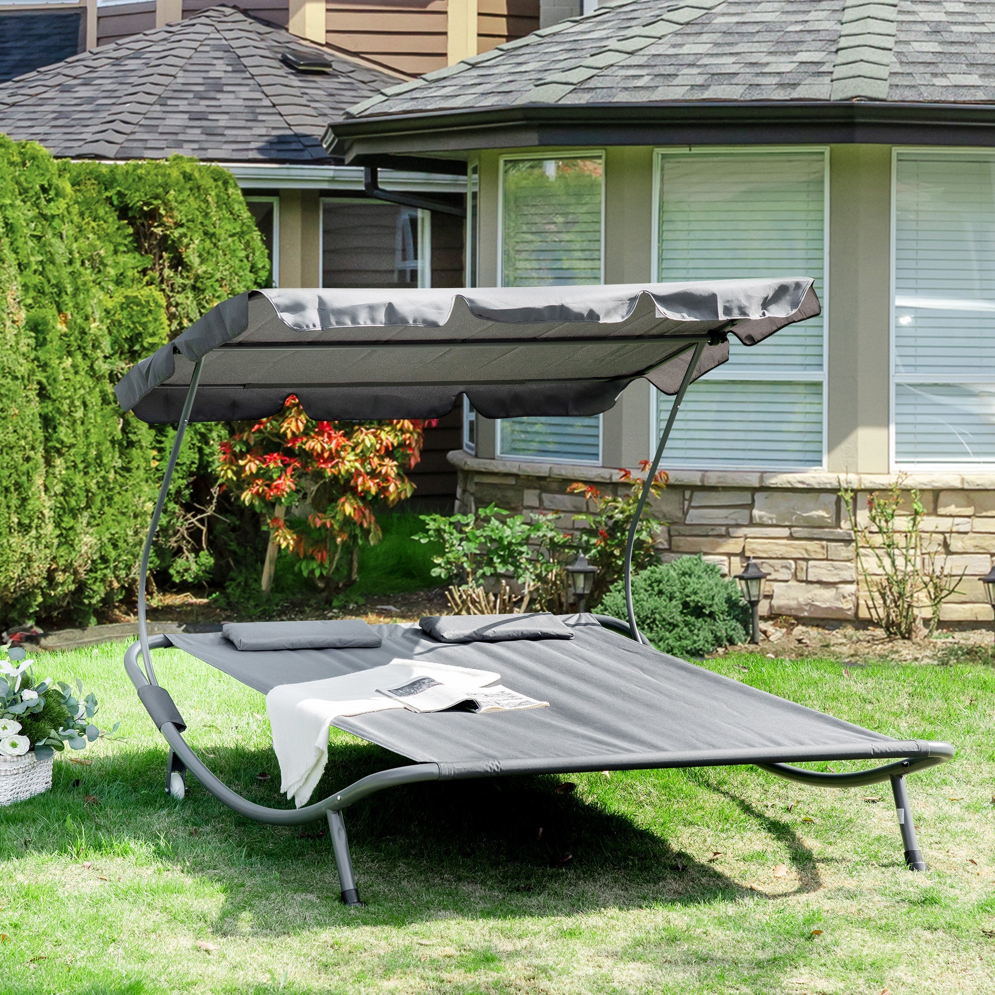 Outsunny Patio Double Chaise Lounge Chair Outdoor Daybed with Canopy Headrest Pillows Grey 