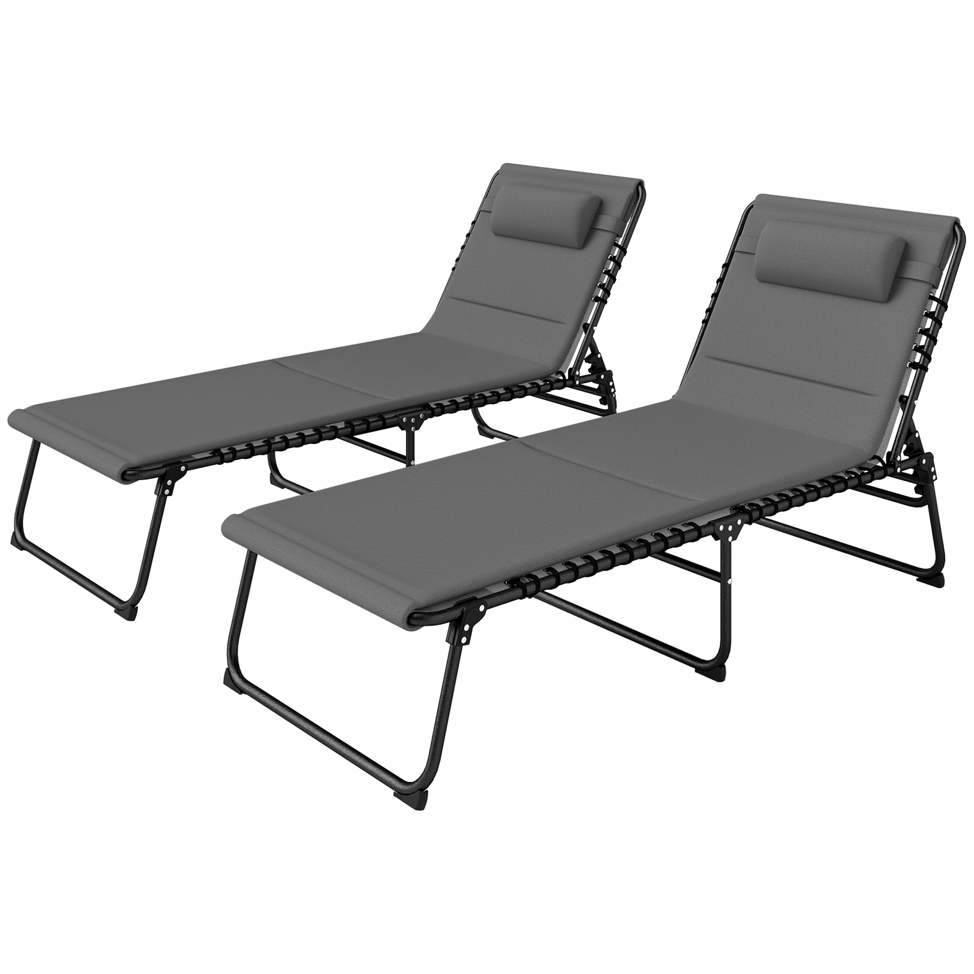 Outsunny Folding Chaise Lounge Chair Set of 2, Reclining Outdoor Lounge Chair Set with Quick Drying Pad Headrest Side Pocket, Tanning Chair Set for Beach Garden Pool, Light Grey 