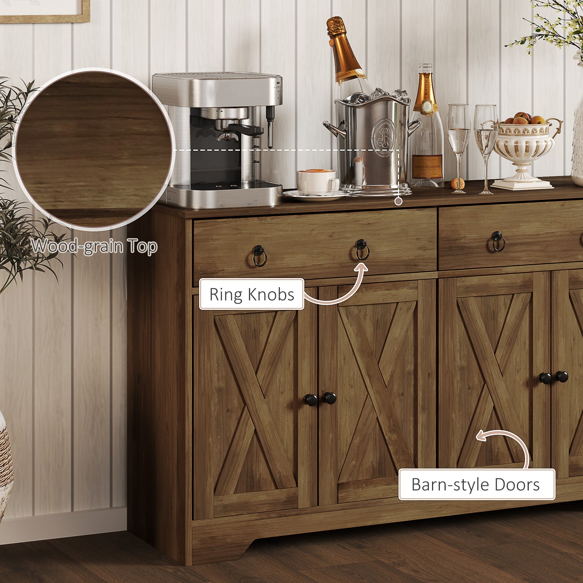 HOMCOM Sideboard Cabinet with 2 Drawers, 4 Barn Doors and 2 Adjustable Shelves, Buffet Table for Living Room, Light Brown 