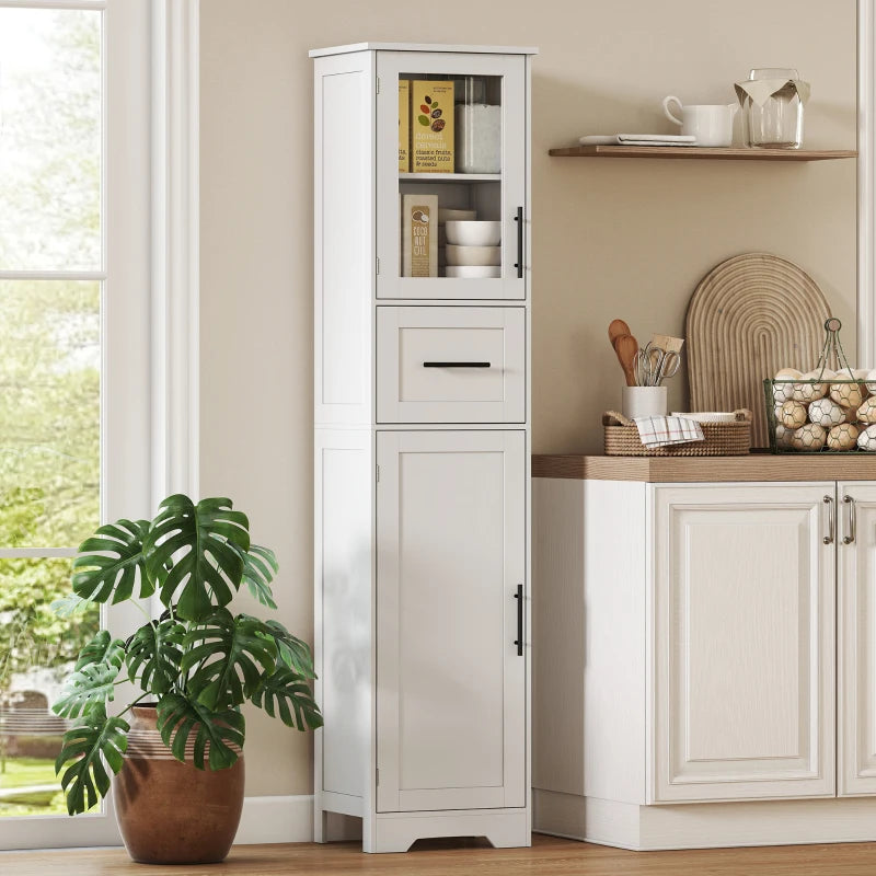 67" Tall Bathroom Storage Cabinet, Freestanding Narrow Bathroom Cabinet with Adjustable Shelves, Glass Door and Drawer