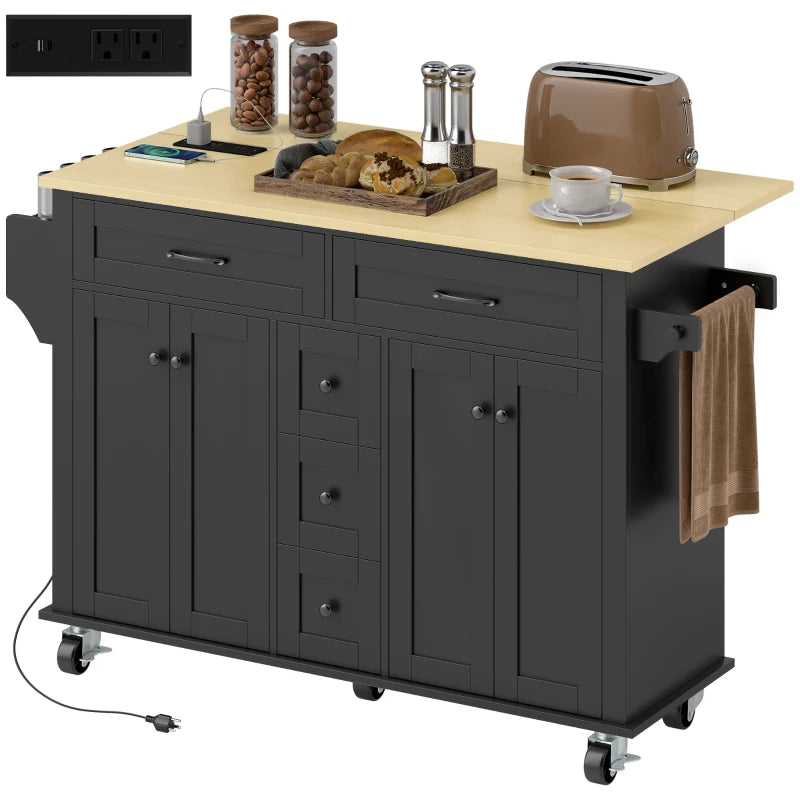 Kitchen Island Cart with Power Outlet & Drop Leaf, 55" Rolling Kitchen Island on Wheels with Storage, Black