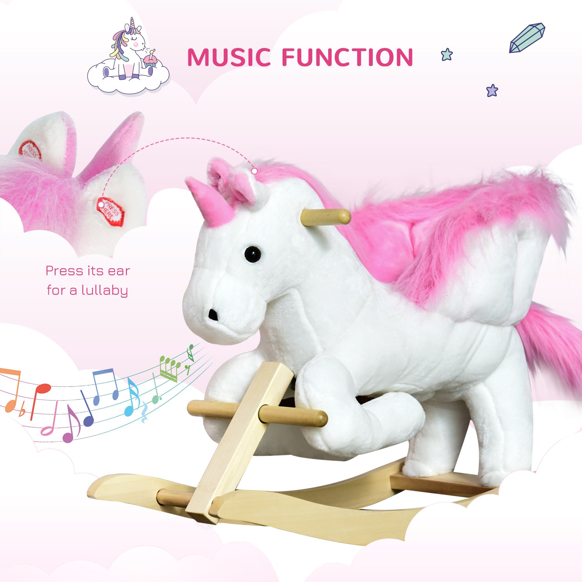 Qaba Kids' Pink Plush Rocking Horse Pony Sing-Along Musical Song Ride-On Toy Playtime Rocker Toddlers 