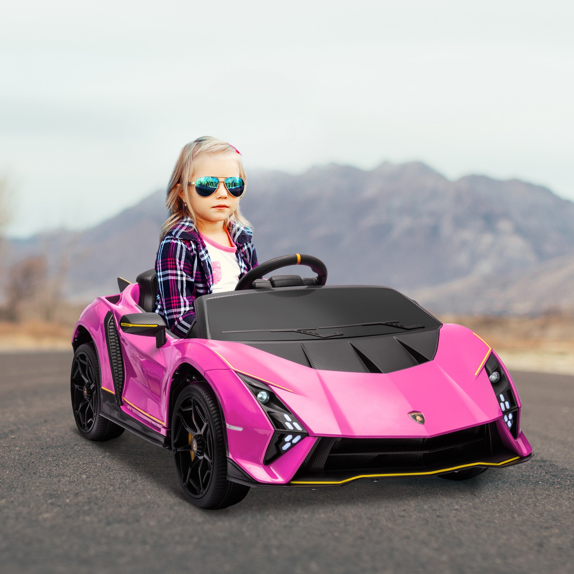 Qaba 12V Lamborghini Autentica Licensed Kids Car with Remote Control, 4 Wheels Spring Suspension, Soft Start, Pink 