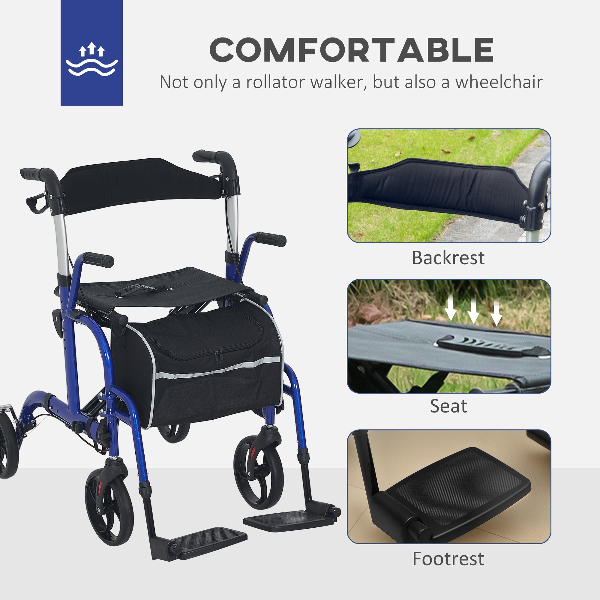HOMCOM Rollator Walker with Seat, Folding Rolling Walker with 8" Wheels, Walker for Seniors with Adjustable Height, Blue 