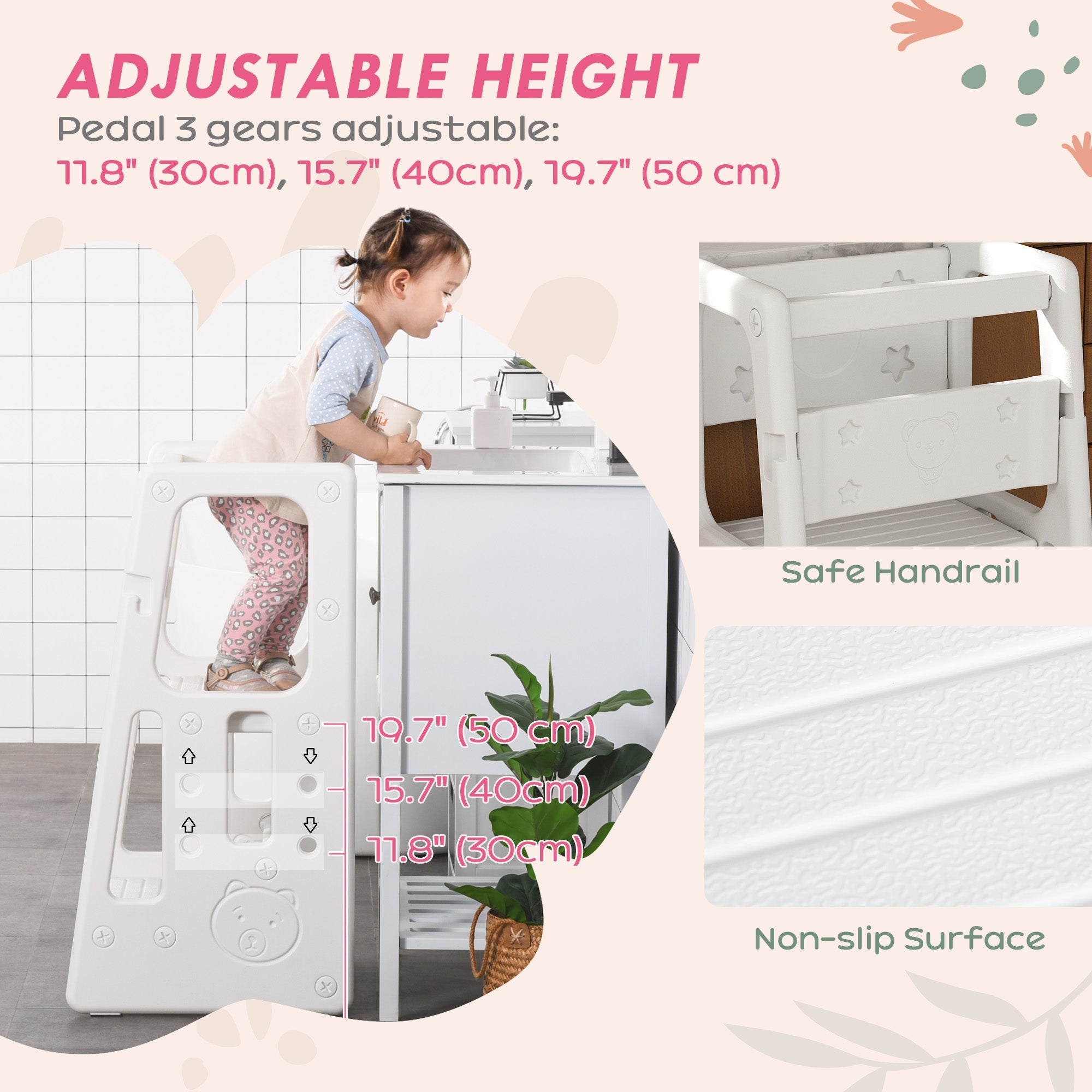 Qaba Adjustable Kids Step Stool, Toddler Kitchen Standing Tower with 3 Heights, White 