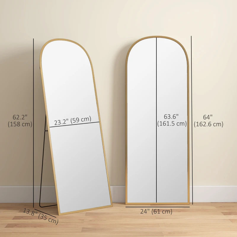Arched Standing Mirror, 64" x 24" Full Length Mirror, Free Standing or Wall Mounted for Living Room, Bedroom, Gold