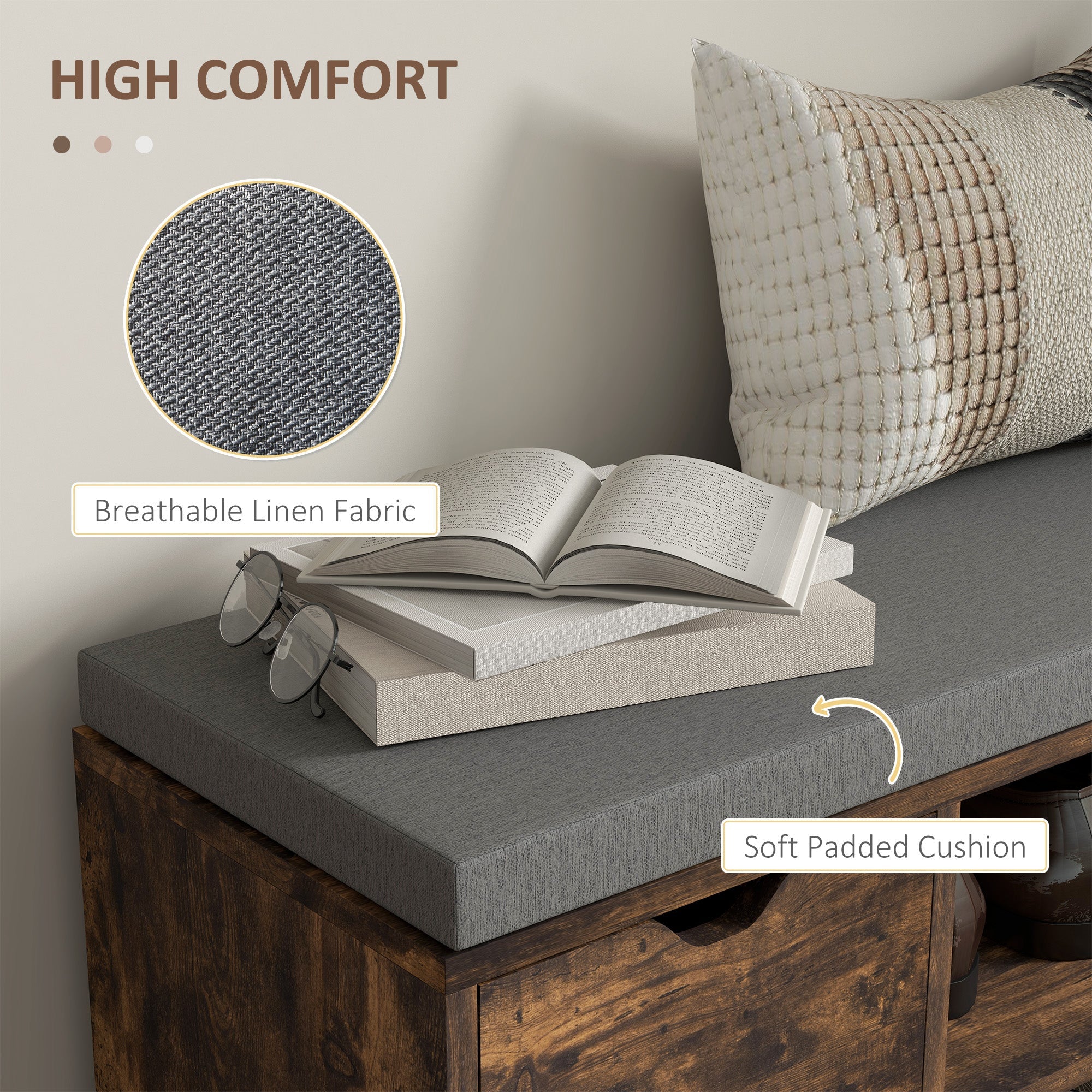 HOMCOM Upholstered Shoe Storage Bench w/ Seat, Entrance Bench w/ Drawer Open Shelves and Pocket for Hallway, Rustic Brown 