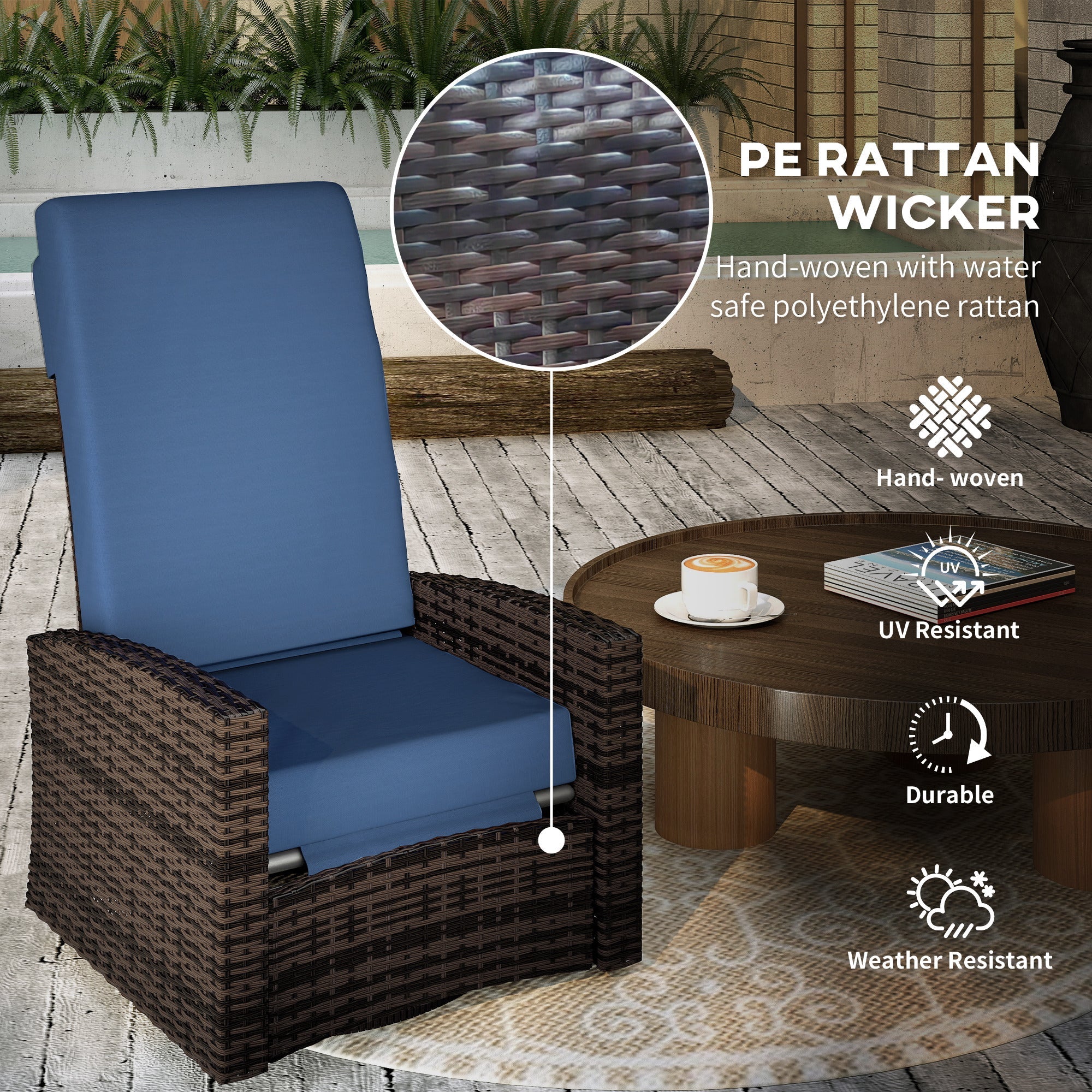 Outsunny Outdoor Rattan Wicker Lounge Chair with Footrest & Soft Cushion for Patio, Garden, Backyard, Dark Blue 