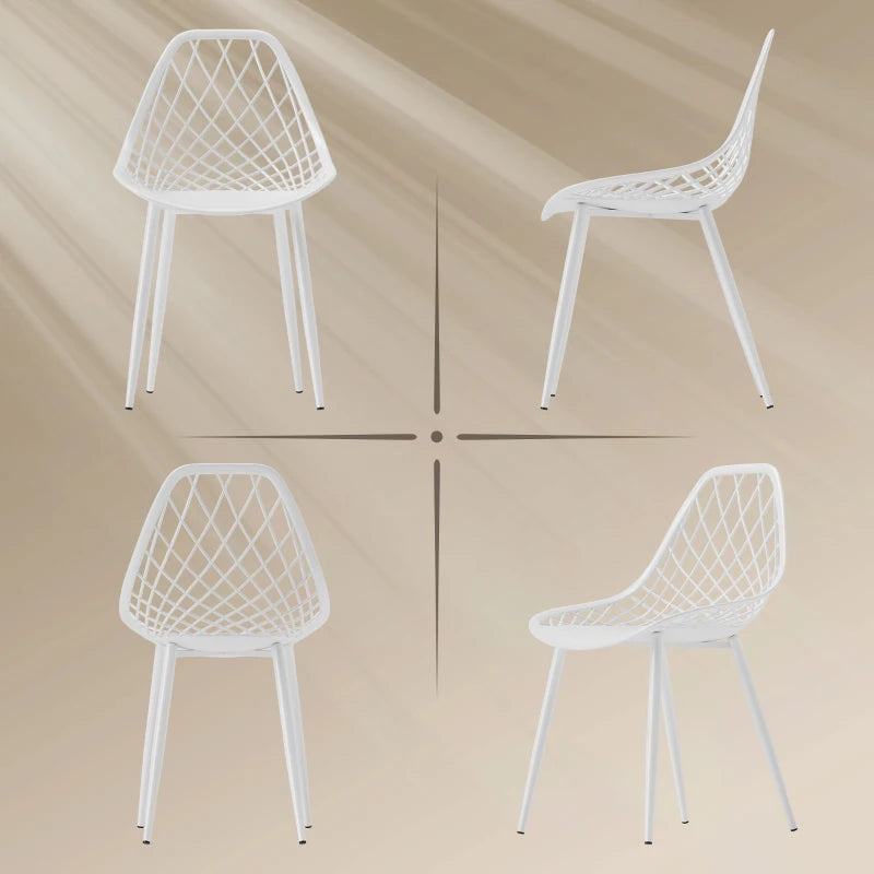 Modern Dining Chairs Set of 4, Plastic Kitchen Chairs with Hollow Backrest and Metal Legs for Living Dining Room, White