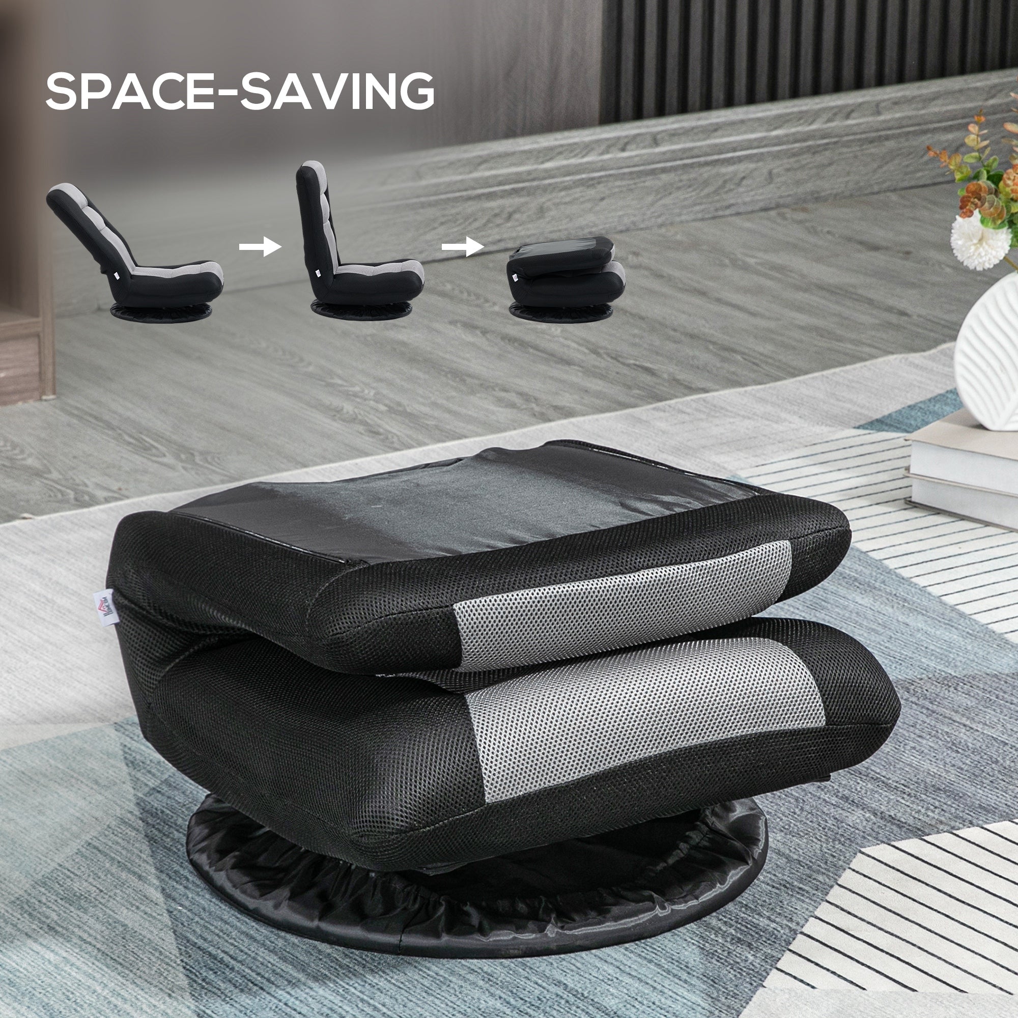 HOMCOM 360 Degree Swivel Gaming Chair Folding Floor for Adults Teens 6-Position Adjustable Lazy Sofa Black 