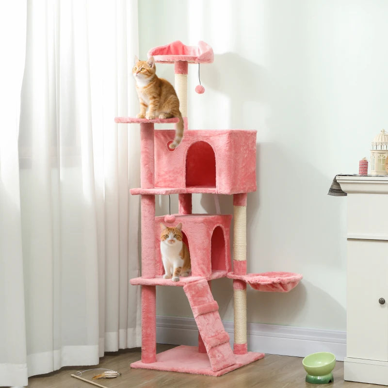 63 Inch Cat Tree with Sisal Scratching Posts, Condos, Plush Perches, Hammock, Ladder, Dangling Balls, Pink