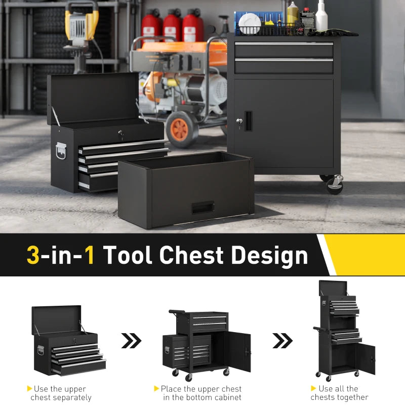 Large Tool Cabinet, 3-in-1 Rolling Tool Chest, Detachable Tool Storage Organizer with 6 Drawers and Pegboard, Black