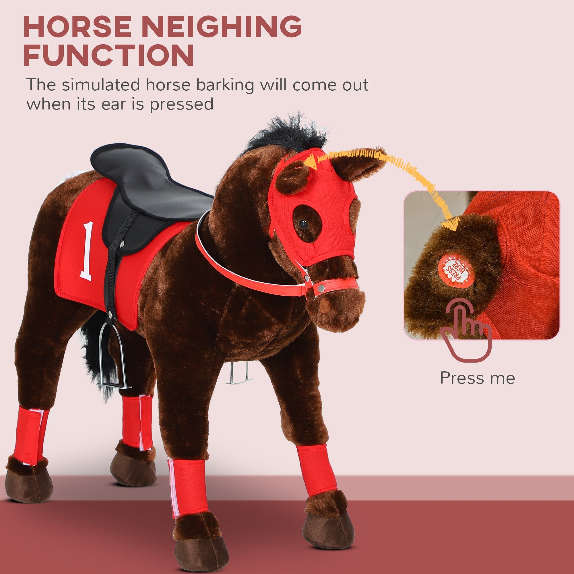 Qaba Kids Ride On Horse w/ Neighing Sound, Saddle, Stirrups, for 3-8 Years 