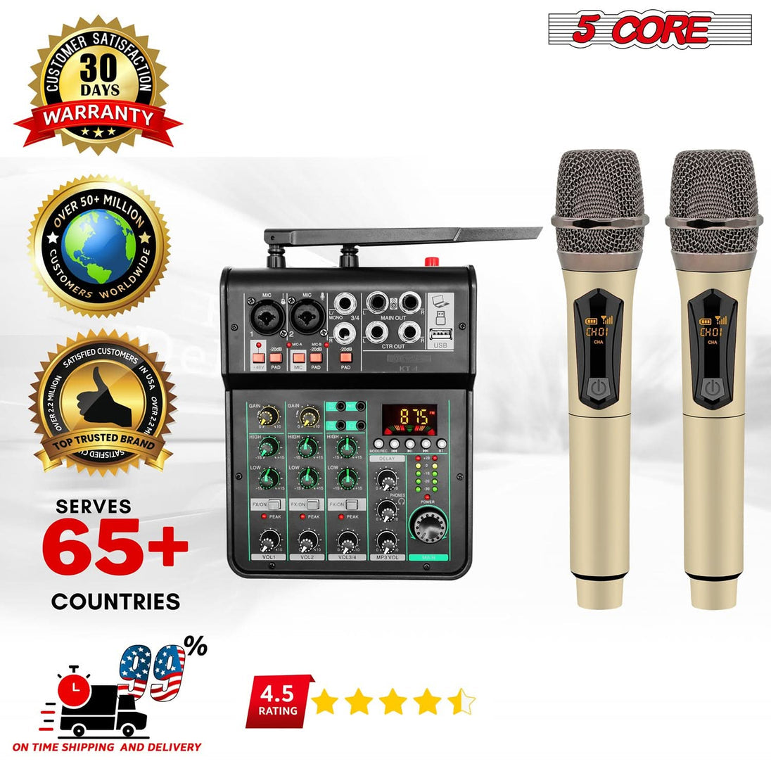 5Core Audio Mixer Sound Board 4 Channel PA DJ Stereo Receiver w Bluetooth USB DJ PA Karaoke Mixing GOLD