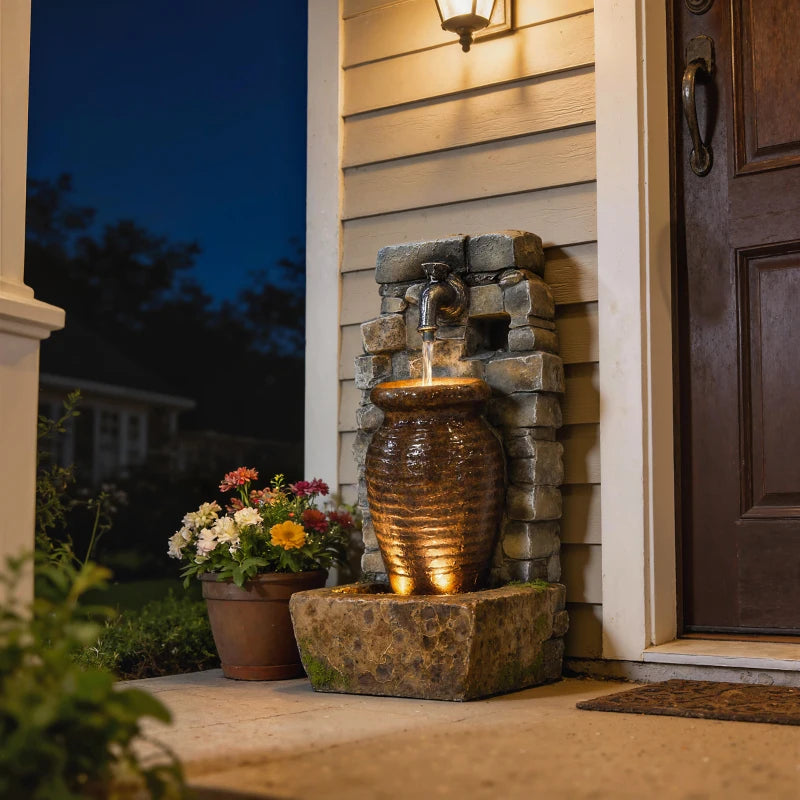 Outdoor Water Fountain Adjustable Water Flow Garden Fountain with LED Lights Rustic Urn Design