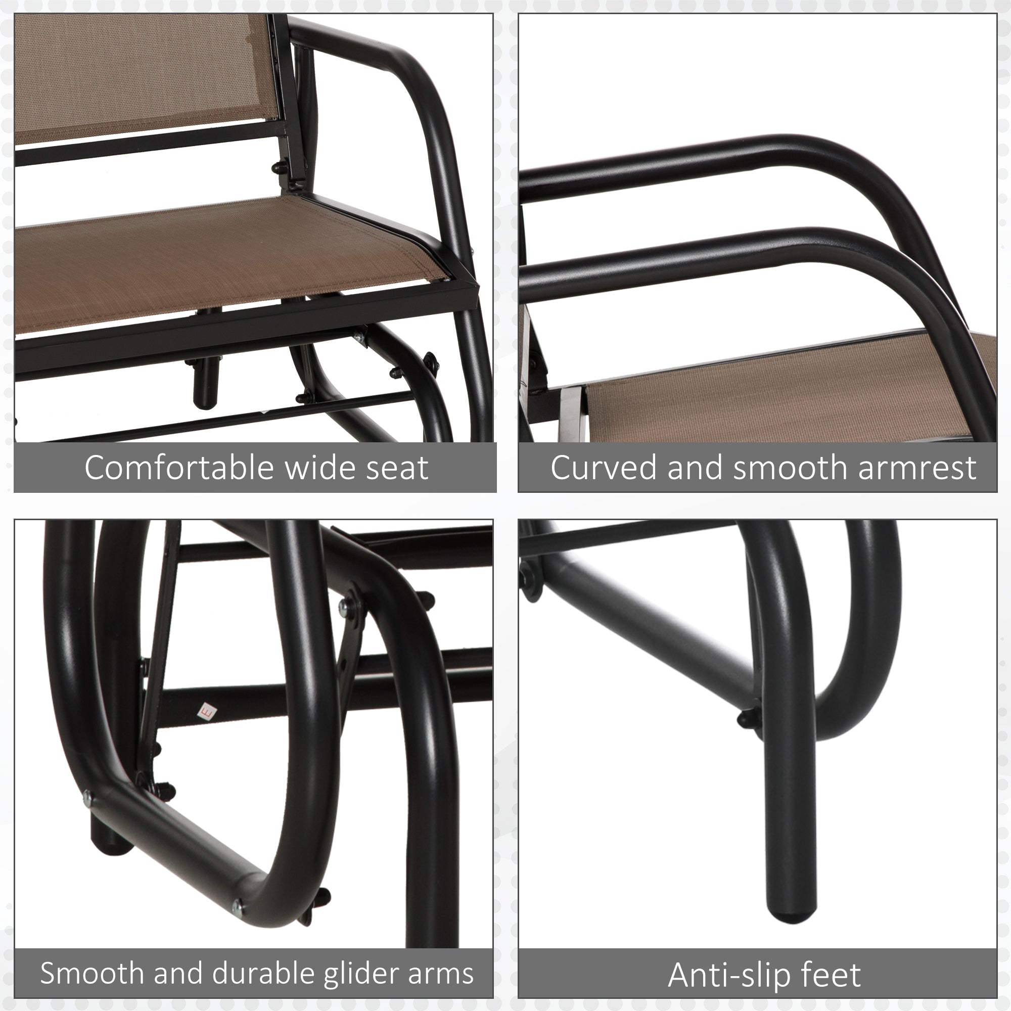 Outsunny Breezy Glider: Steel Frame Outdoor Swing Chair with Breathable Mesh Seat, Backrest, and Curved Rocking Arms, Brown 