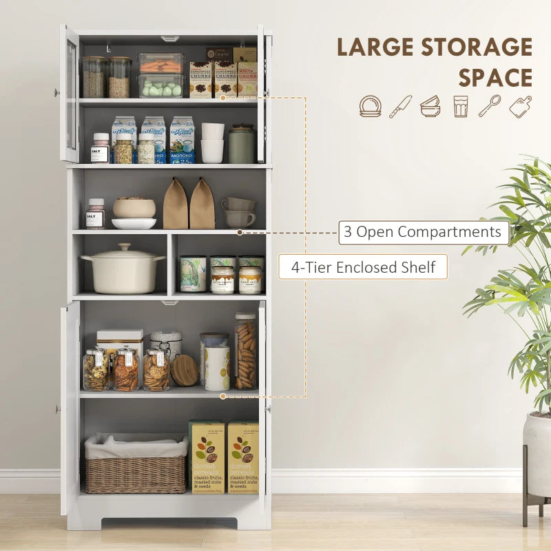 57" Kitchen Pantry, Freestanding Pantry Storage Cabinet with Glass Doors, Adjustable Shelves, Open Compartments, White
