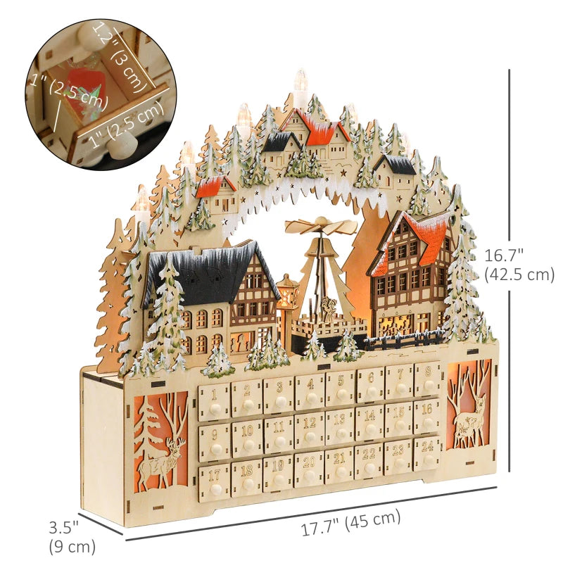HOMCOM Wooden Christmas Advent Calendar – 24 Fillable Countdown Drawers with LED Lights, Battery Operated, Reusable 