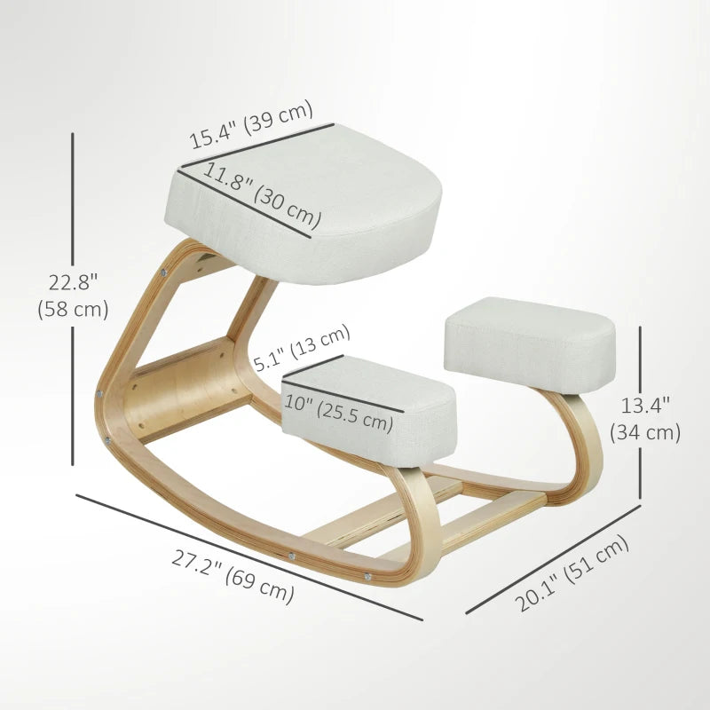 Ergonomic Kneeling Chair, Wood Kneel Stool with Thick Pads, Desk Knee Chair, Improve Posture, Cream White
