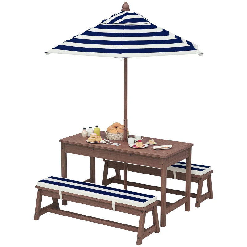 Qaba Wooden Kids Picnic Table & Bench Set with Removable Umbrella, Cushions, for Garden, Backyard, Patio, Navy Blue