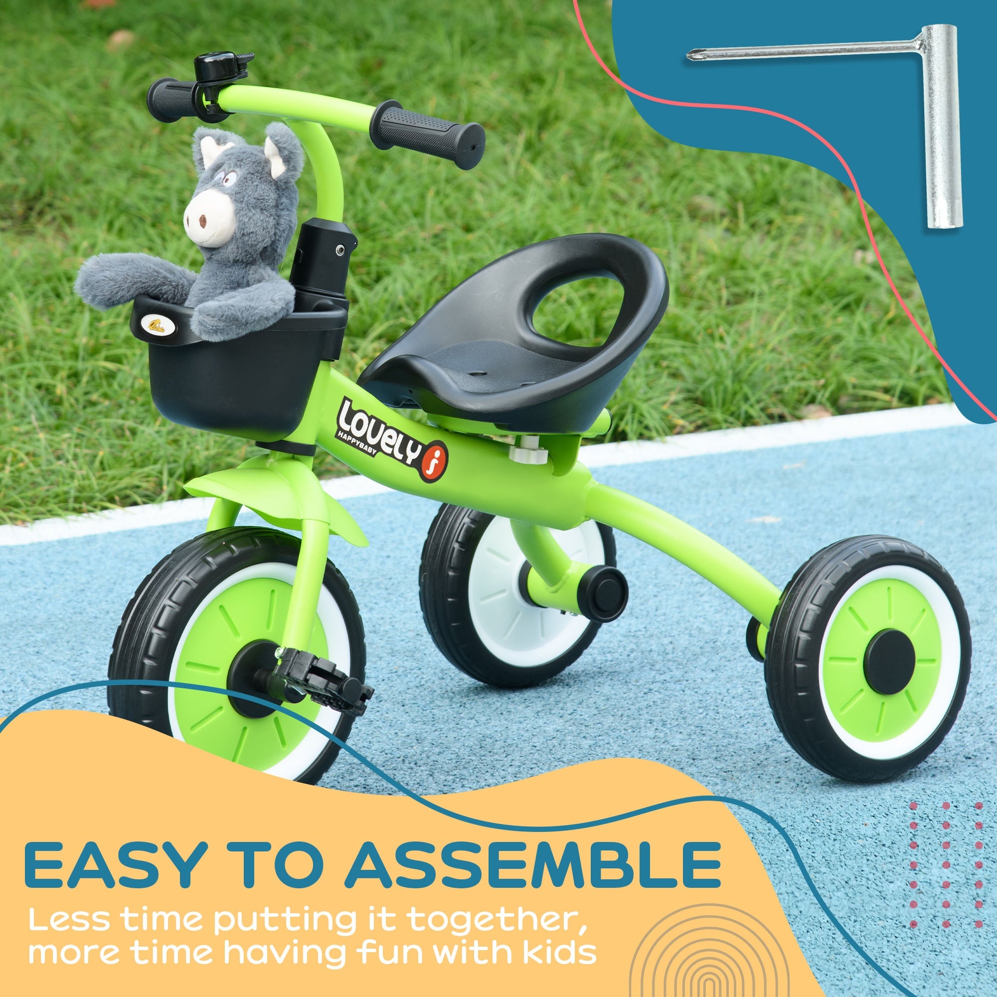 Qaba Kids Tricycle: Adjustable Seat 2-5 Years, Basket, Bell, for Girls/Boys, Green, Toddler Trike 