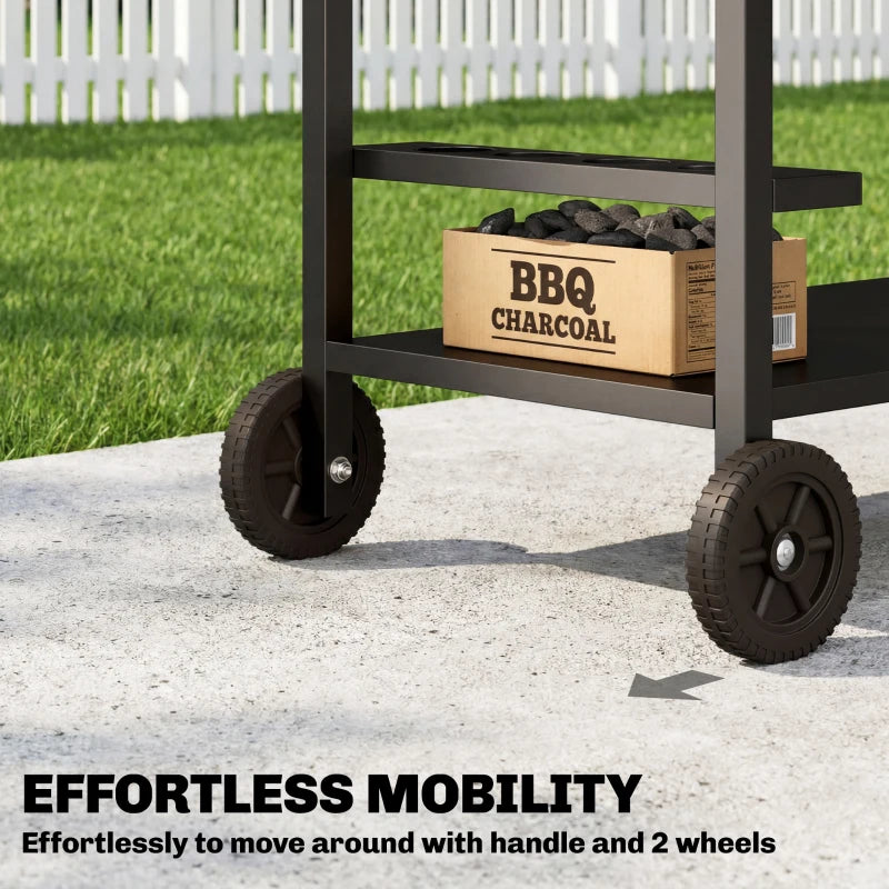 Outdoor Grill Cart, 2-Tier Pizza Oven Stand, BBQ Stand with Beverage Holder, Hooks, Wheels, Black and Brown
