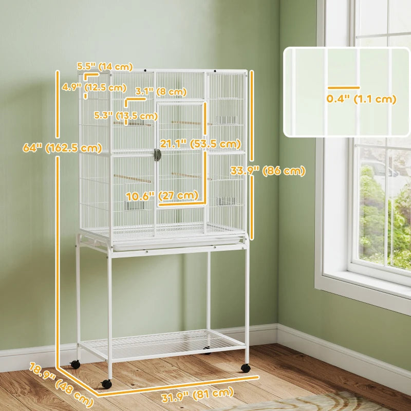 64" Large Rolling Bird Cage Bird House with Detachable Rolling Stand, Storage Shelf, Wood Perch Food Container, White
