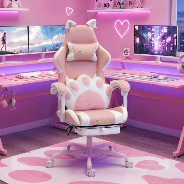 Cute Pink Gaming Chair with Cat Ears, Lumbar Support, Headrest & Footrest