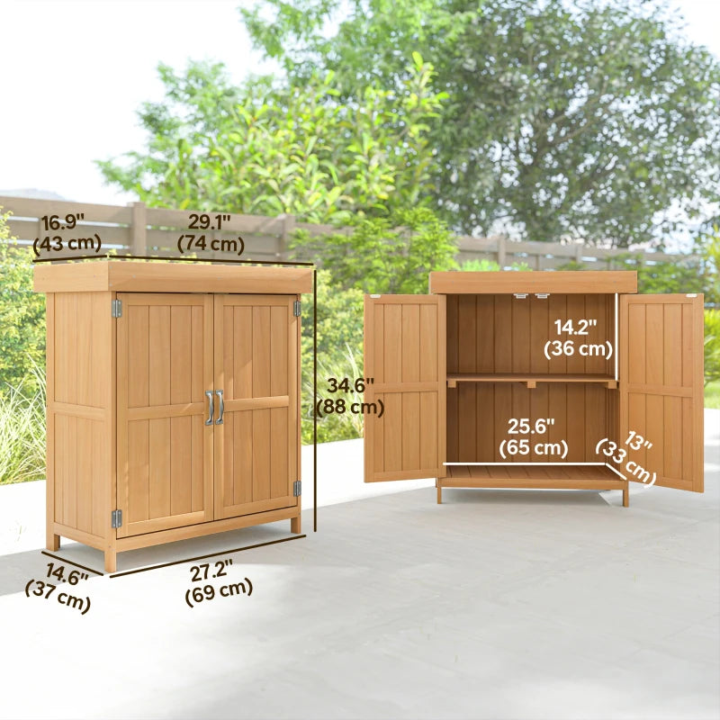 Wooden Garden Tool Storage Shed Kit with Hinged Roof, 2-Tier Shelves and Double Doors, 74x43x88cm, Natural Wood