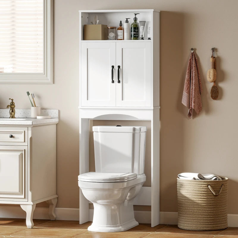 Over the Toilet Storage Cabinet Freestanding Bathroom Organizer with 2 Doors and Open Shelf White