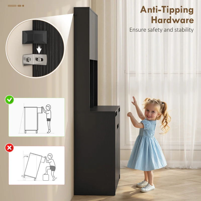 71" Pantry Cabinet with Charging Station, Kitchen Storage Cabinet with Microwave Stand, Pegboard, 6 S-hooks, Black