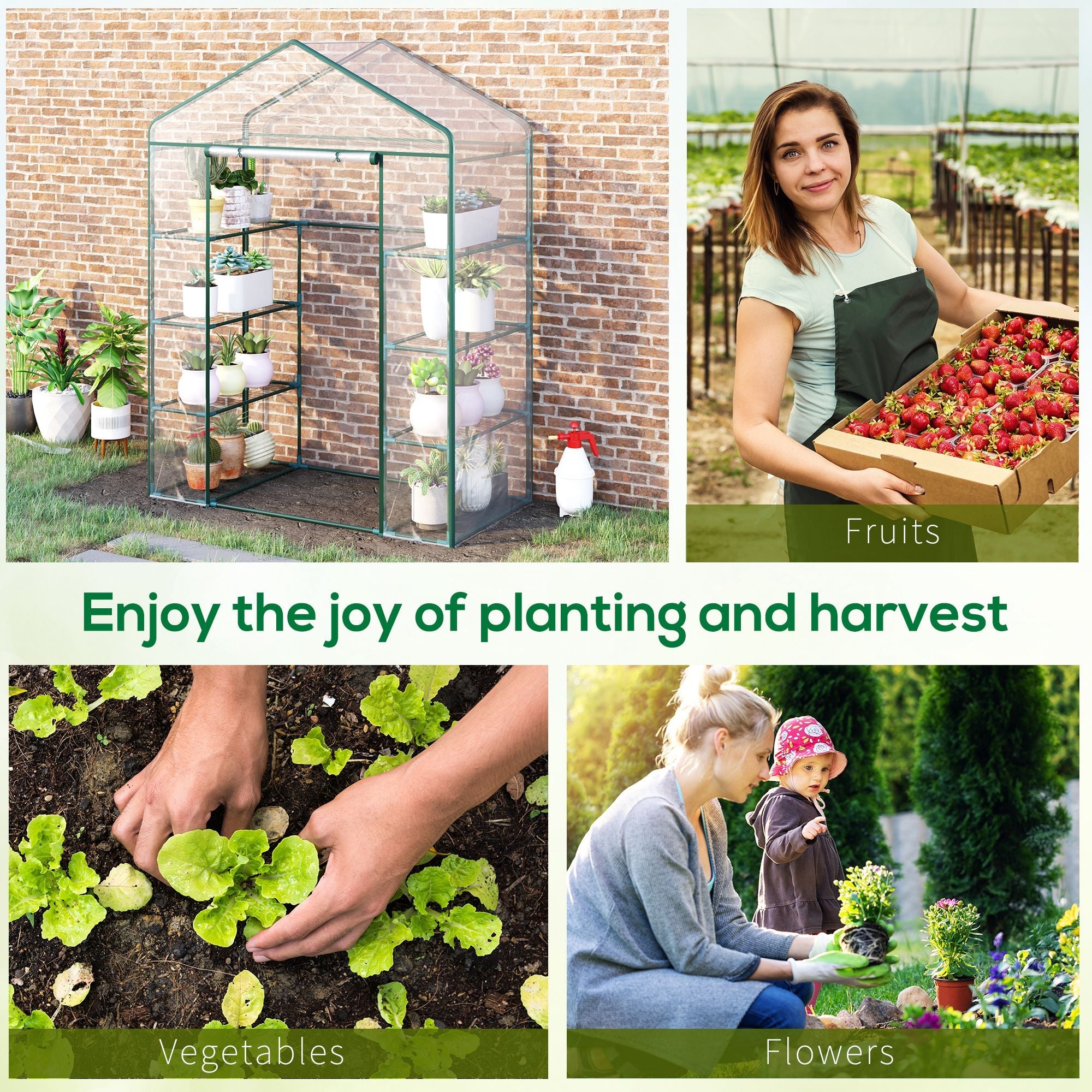 Outsunny Portable Walk-In Garden Plant Greenhouse 56" 4 Shelves Zipper Door Grow Vegetables Flowers Climate Transparent 