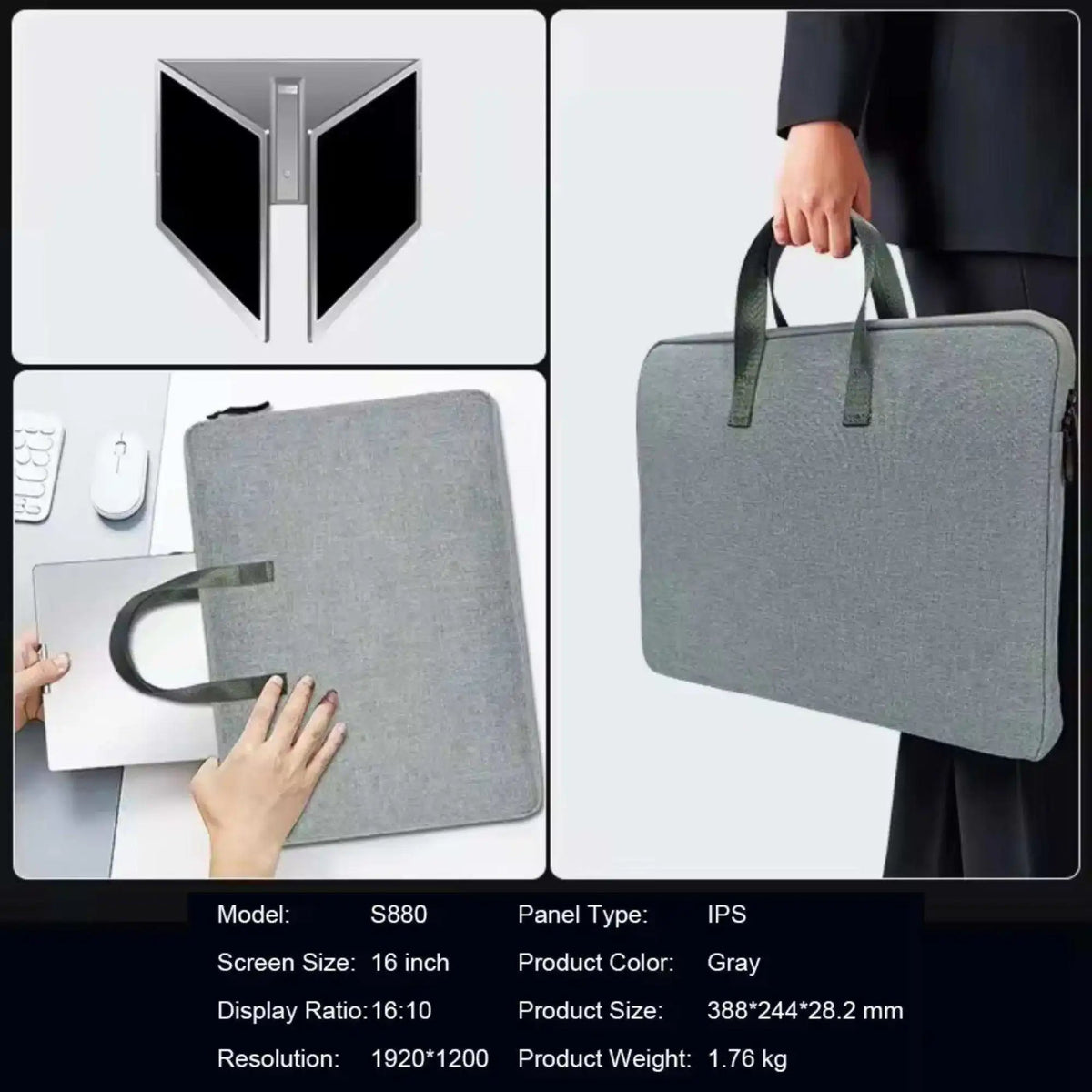 TUTT 16” Dual Portable Monitor | Single Cable Connection | 16:10 Ratio IPS, Stand-Alone Design | Windows, MacBook | S900