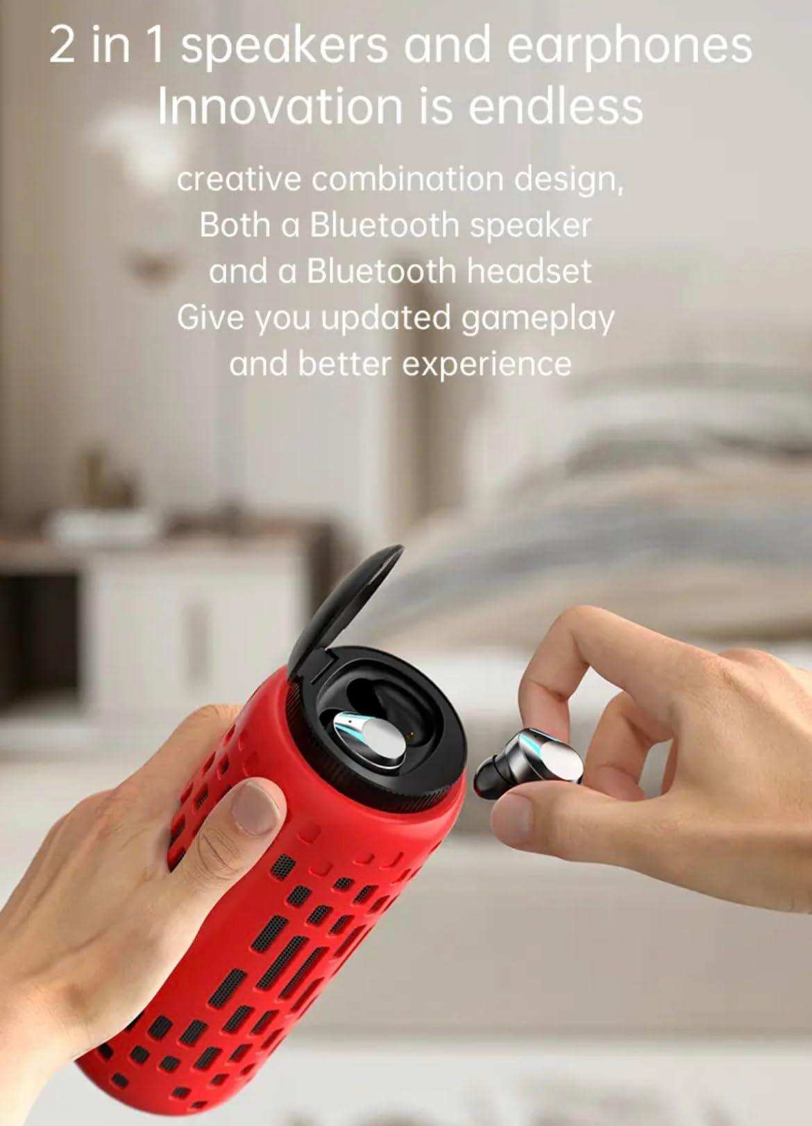 TUTT 2 in 1 Outdoor Waterproof Mini Speaker with Earbuds LED Lighting with Hook | TWS Earbuds Wireless with Portable Mini Speaker | for Picnic Travel Biking Hiking