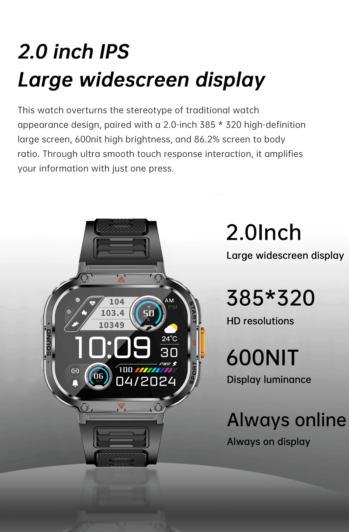 TUTT 2.0" Dial Smart Watch | Rugged Military | Health and Fitness Tracking | Flashlight | NX23 Smartwatches For Men