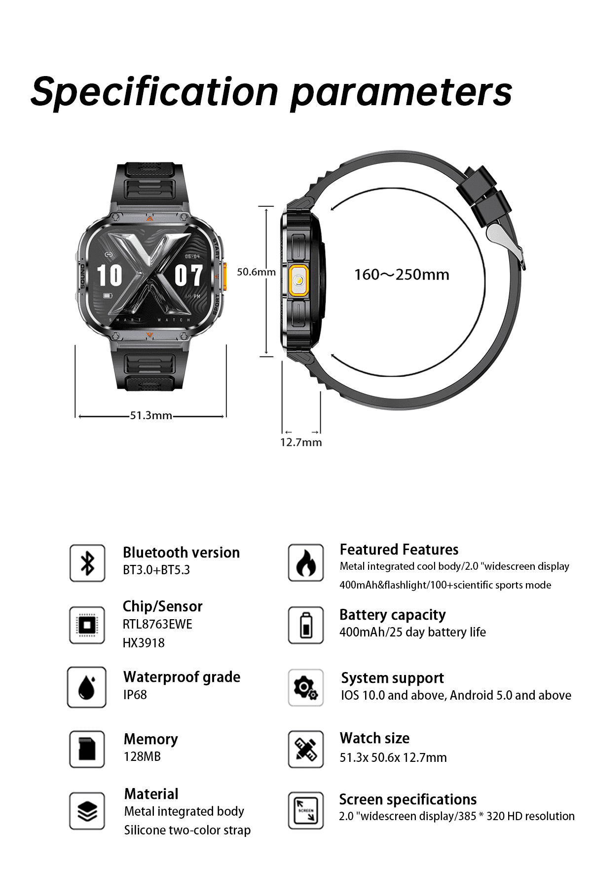 TUTT 2.0" Dial Smart Watch | Rugged Military | Health and Fitness Tracking | Flashlight | NX23 Smartwatches For Men