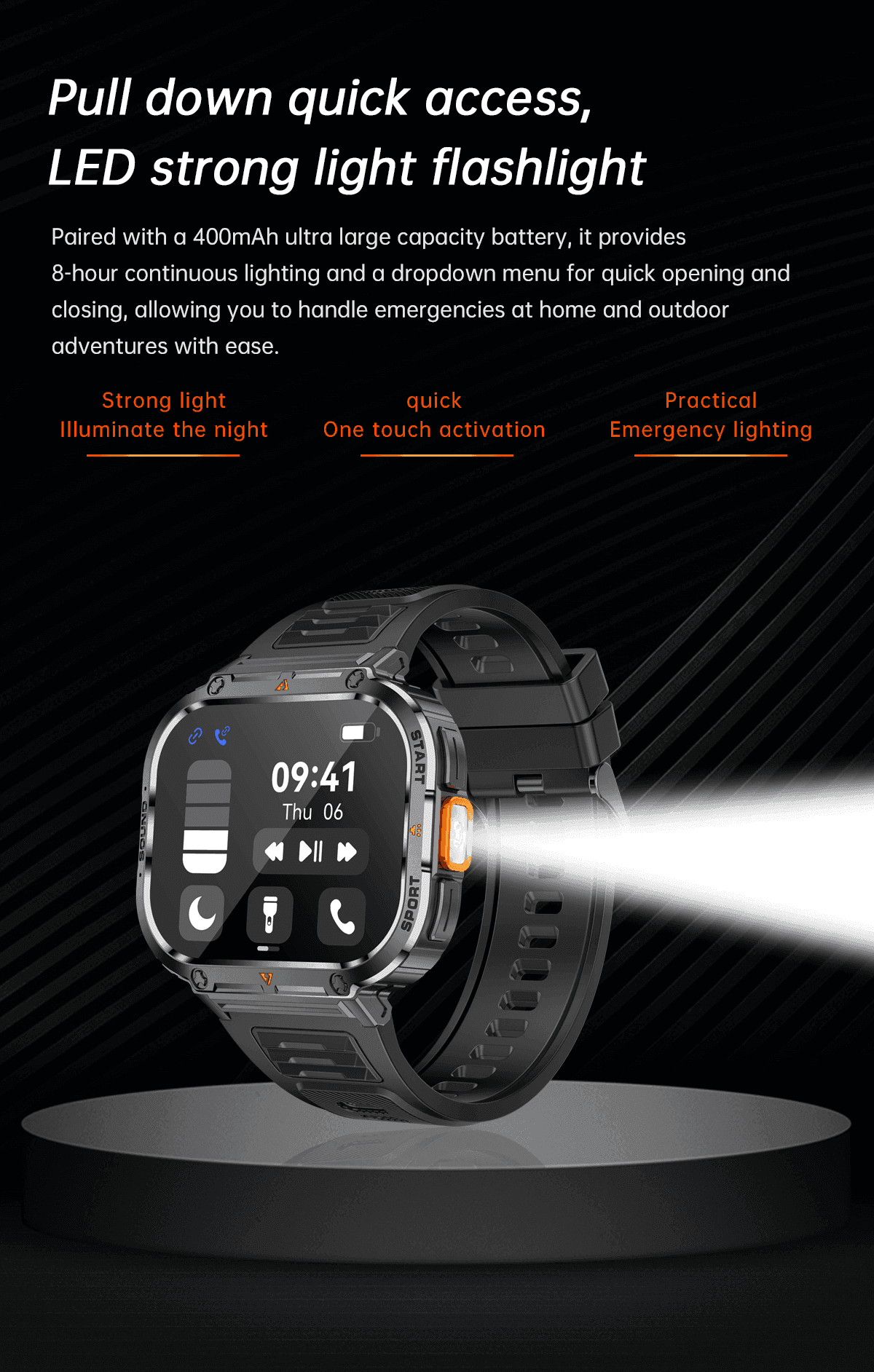 TUTT 2.0" Dial Smart Watch | Rugged Military | Health and Fitness Tracking | Flashlight | NX23 Smartwatches For Men