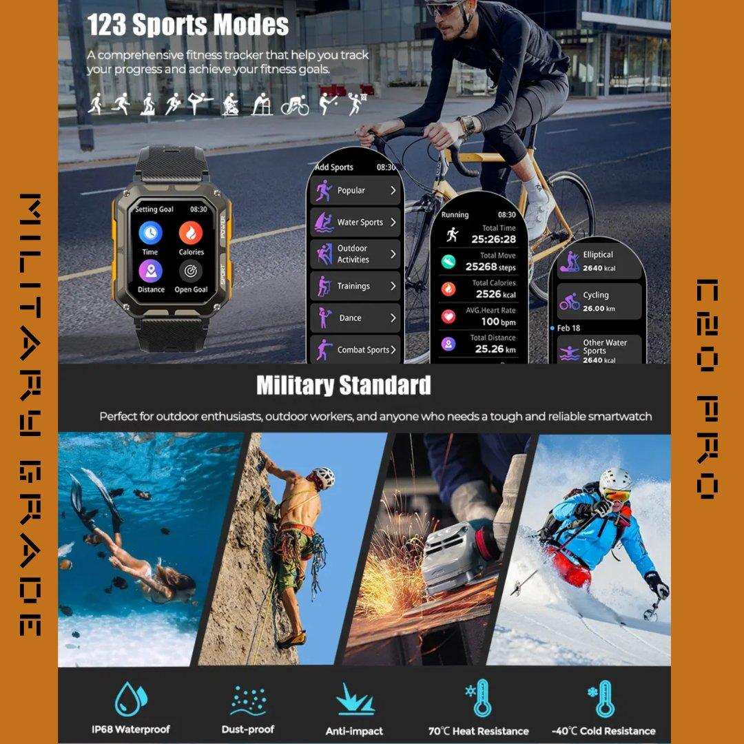 TUTT Smartwatch for Men Military Rugged | Speaker Pedometer IP68 Waterproof 1.83'' HD Tactical Smart Watch Fitness and Health Tracking Long Battery Life C20-Pro