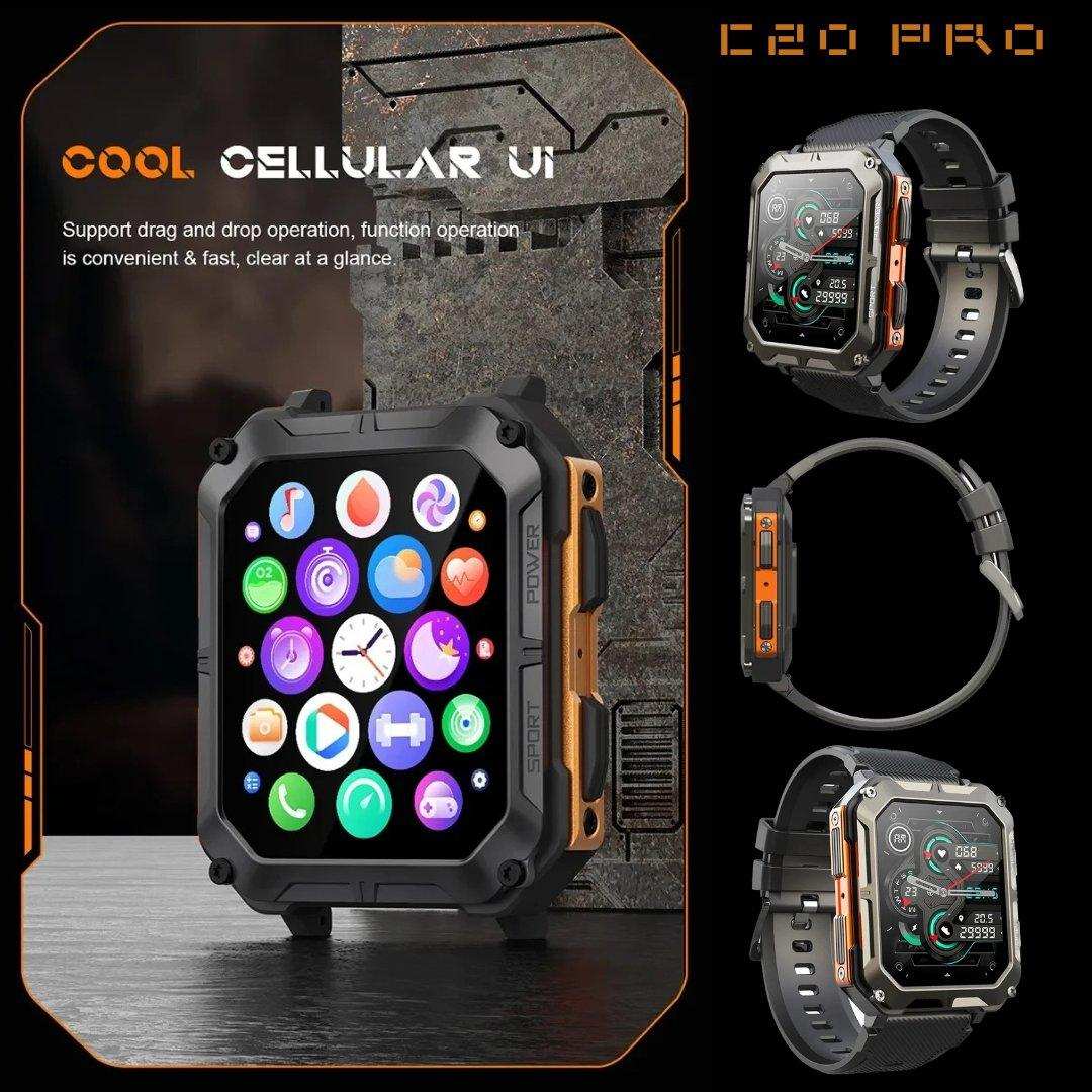 TUTT Smartwatch for Men Military Rugged | Speaker Pedometer IP68 Waterproof 1.83'' HD Tactical Smart Watch Fitness and Health Tracking Long Battery Life C20-Pro